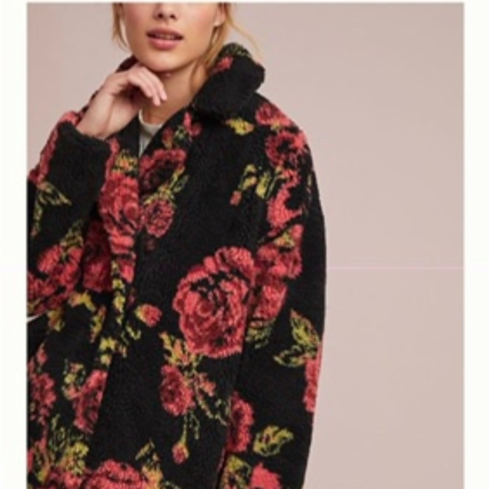 Anthropologie Black and Red Floral Teddy Jacket, size extra small.